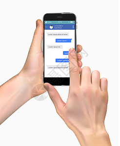 发送短信现实的手拿着手机隔离在白色背景 聊天和消息传递的社交网络概念 短信发送窗口屏幕讲话社会信使气泡界面技术展示讨论插图设计图片