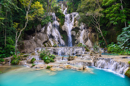 美丽的瀑布老挝的Kuangsi瀑布蓝色高度旅行国家环境天堂绿水公园墙纸溪流背景