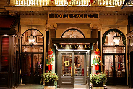 维也纳酒店2019年1月9日 著名的萨切尔酒店入口处巧克力馅饼盘子地标糖果旅行观光景观历史甜点背景