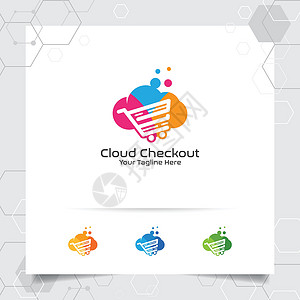 软件商店五颜六色的云标志矢量设计与在线商店插图的概念 用于商业和数字在线商店的云和购物车图标矢量插画