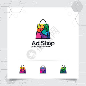 标志设计购物用于相机商店电子商务和超市的在线商店图标和彩色几何矢量的购物袋标志设计概念插画