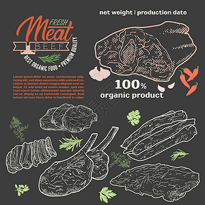 带骨牛排模板框架中的生肉猪肉涂鸦绘画烹饪家禽羊肉标签熏肉插图牛肉插画