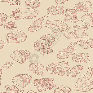 肉产品无缝肉集模式店铺猪肉烹饪营养牛扒熏肉涂鸦收藏屠夫鱼片插画