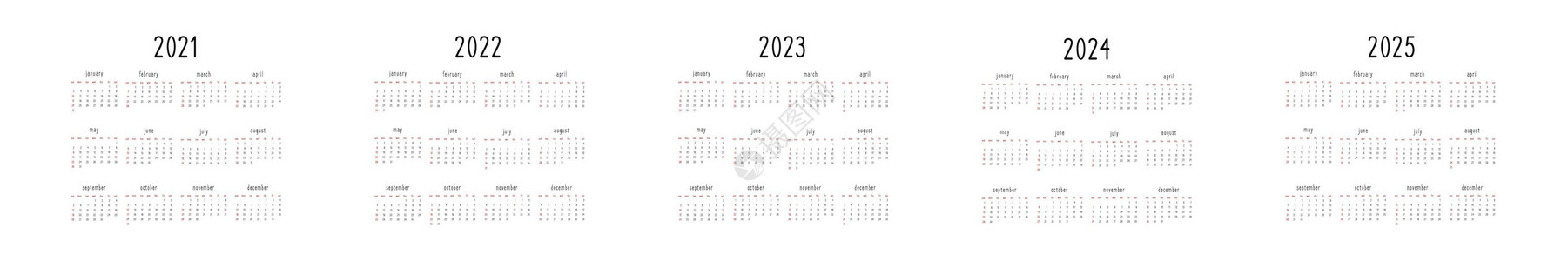 2021年度色从 2021 年到 2025 年的日历模板 采用简约的黑白风格 用于打印的约束设计 一周从星期日开始插画