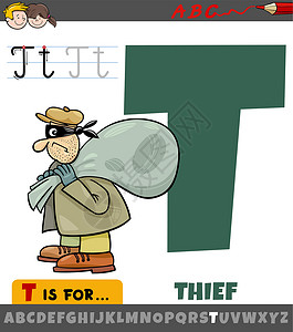 带有卡通小偷特征的字母表中的字母 T背景图片