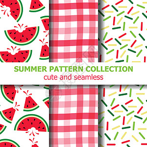夏季图案系列 西瓜主题 夏旗横幅无缝红色西瓜片艺术打印绿色种子水果模式背景图片