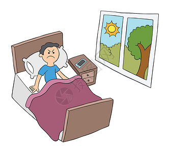 卡通人早上醒来但很生气矢量图制作图案男性手绘休息睡衣卡通片插图绘画唤醒时间卧室背景图片