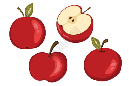 孤立在白色背景上的苹果图标集 天然美味新鲜成熟美味的水果 用于包装 横幅 卡片的模板矢量插图 程式化的苹果叶 苹果片 食品概念插画