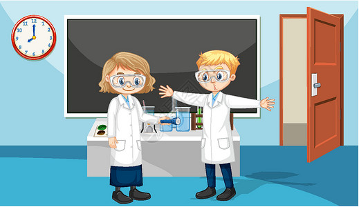 做实验的孩子学生穿着实验室长袍的课堂场景插图卡通片娱乐孩子时代男孩们艺术行动夹子女孩设计图片
