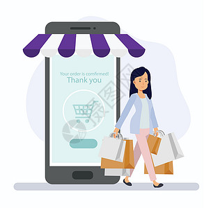拎着购物袋带着购物袋走出商店的女人 与顾客一起购物的网上商店概念设计图片