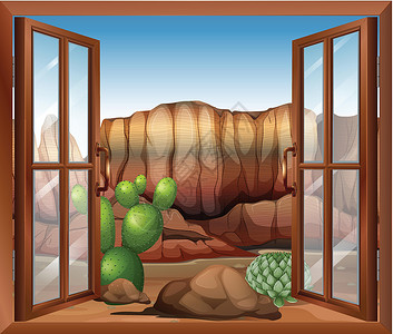 奥德尔集团一扇敞开的窗户 可以看到沙漠和仙人掌植物设计图片
