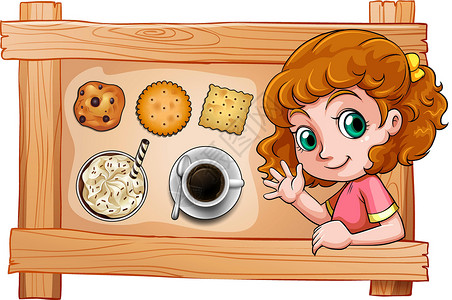 木制画框一个带饮料和饼干的小女孩的画框插画