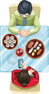 寿司俯视图两个人吃寿司的俯视图插画