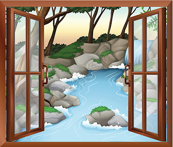 奥沙拉瀑布靠近瀑布的窗户插画