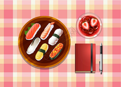 寿司边框一张桌子 上面放着寿司鸡尾酒饮料圆珠笔和笔记本插画