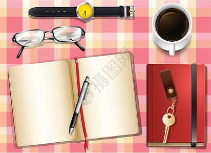 皮质笔记本边框一张有很多东西的桌子的俯视图眼镜工作家具钥匙链边框木工咖啡木板天线表格插画