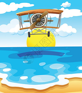 固定翼一架飞机在海面上空飞行插画