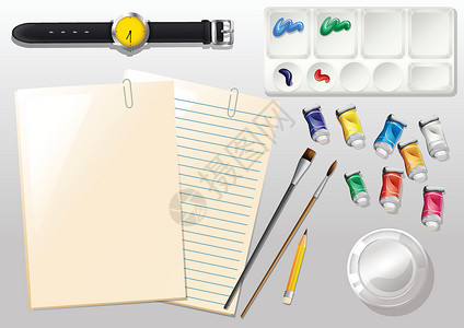 画 工具空纸手表和不同的绘画材料设计图片