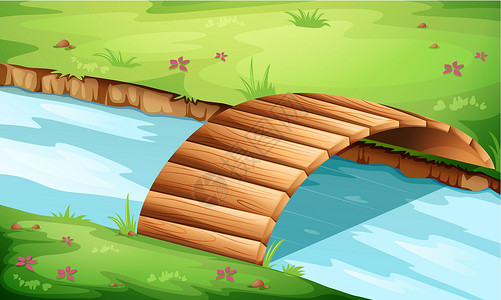 木头搭建通道在河的一座木桥插画