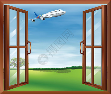飞机门打开一扇打开的窗户 可以看到计划插画