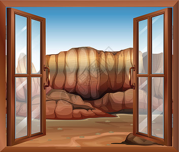 岩石边缘沙漠的一扇开着的窗户插画