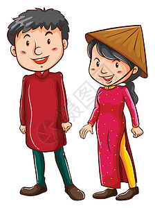 穿亚洲服装的女孩和男孩背景图片