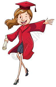 红色毕业帽子毕业的女孩教育帽子认证女性白色长袍青少年女士奖项红色插画
