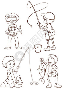 钓鱼的男孩钓鱼少年素描设计图片