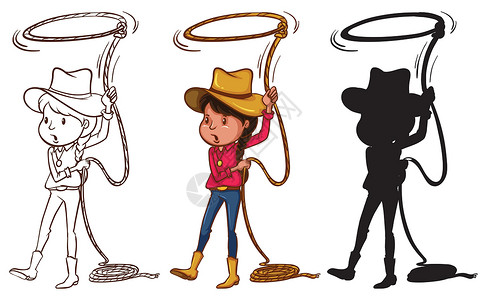 女牛仔拿着绳子的女孩素描设计图片