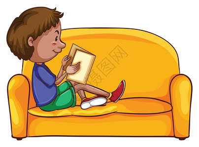 沙发靠背坐着看书的男孩插画