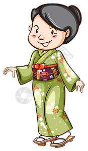 绿色衣服一个穿裙子的亚洲人插画