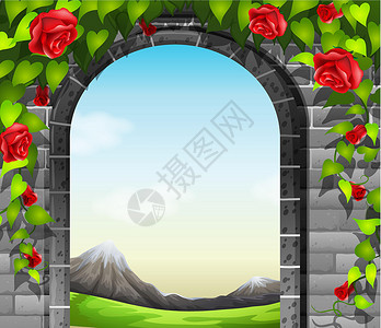 花瓣形拱门有玫瑰的石墙插画