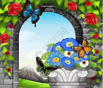 花瓣形拱门有开花植物和蝴蝶的石墙插画