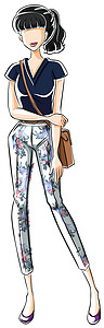 女式大衣主图时装白色花朵衬衫女性服装草图卡通片裤子绘画样本插画