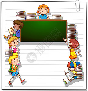 与孩子和黑板的框架女孩们男孩们矩形孩子们海报学习绿色图书阅读木板背景图片