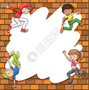 孩子们跳跃框架砖块木板卡通片孩子们公告边界白色绘画写作正方形设计图片