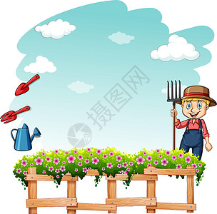 园艺栅栏前卫的农民男人花朵蓝色风景栅栏洒水器土壤木头石头尖齿插画