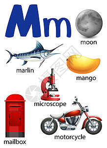 维马林字母 M 代表显微镜邮箱和摩托车艺术学校学习样式辅音教育收藏艺术品艺术家字体设计图片
