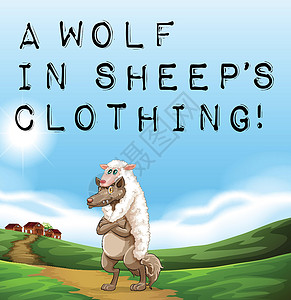 狼与羊披着羊皮的狼地面地貌绿色英语海报大写绘画房屋文字天空设计图片