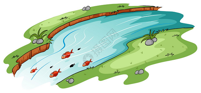 一条鱼一条流淌着拳击学校的河流土地土壤水形环境绘画河岸动物地面栖息地社区插画