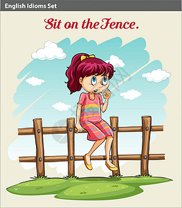 坐在篱笆上的女孩绘画女士艺术红色天空成语女性艺术品语言海报背景图片
