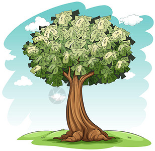 多伤钱哪金钱树阴影宝藏财富多叶蓝色英语绘画白色树叶绿色植物设计图片
