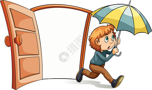 门布一个带雨伞的男孩遮阳伞绘画男生阴影肋骨赛跑者男人孩子阳光伞兵插画