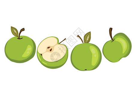 在白色背景上隔离的苹果图标集 天然美味的新鲜成熟水果 用于包装 横幅 卡片的模板矢量插图 程式化的青苹果叶 苹果片 食品概念插画