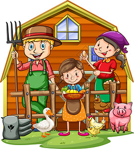 农家有机小土豆农民女孩母鸡男人鸭子蔬菜农家卡通片产品女士房子插画