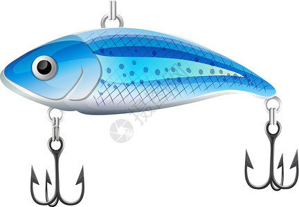 鱼钩上鱼渔业活动食物动物蓝色绘画金属白色工具爱好钓鱼插画
