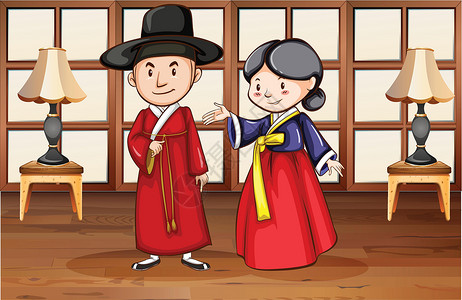 韩国韩式韩屋房子里的韩式人物剪贴绘画丈夫男人戏服夫妻女士妻子夹子艺术插画