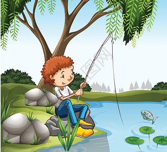 池塘钓鱼小男孩在 pon 钓鱼剪贴海洋乐趣闲暇爱好活动艺术绘画卡通片池塘设计图片