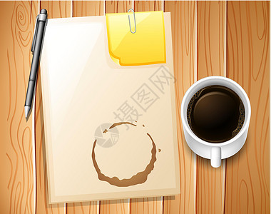 马克杯子文件和咖啡饮料办公室戒指杯子铅笔剪贴空间卡通片笔记桌子插画