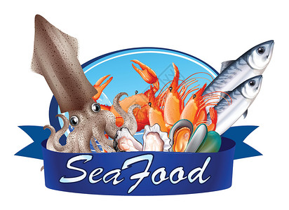 海洋海鲜海鲜标签与什锦海鲜章鱼信号字体绘画生蚝展示海报艺术白色英语插画